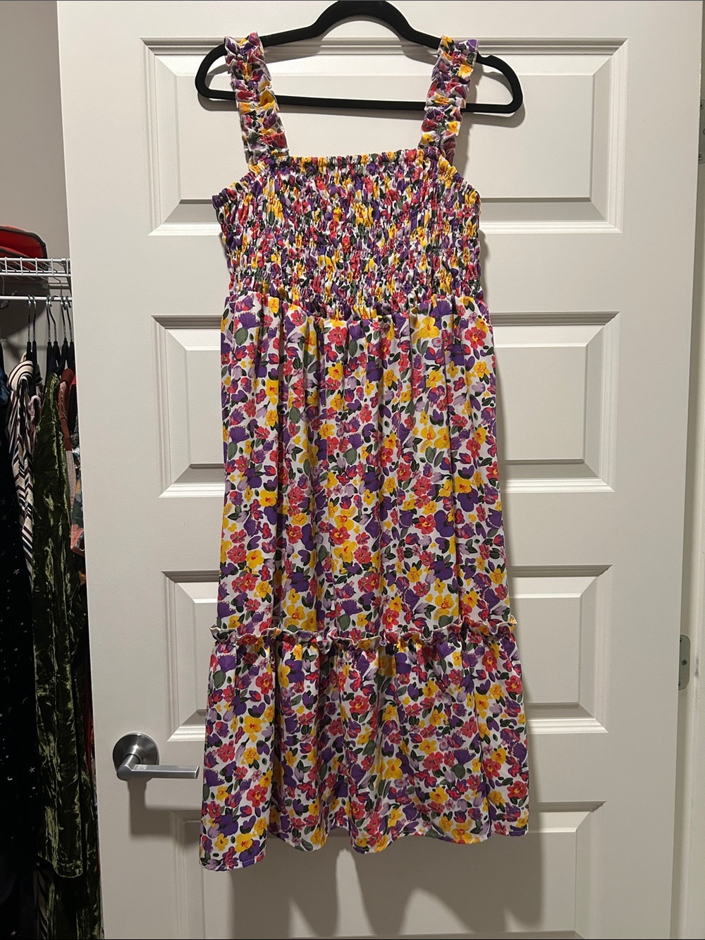 SHEIN White Midi Dress with Purple & Yellow Floral Pattern